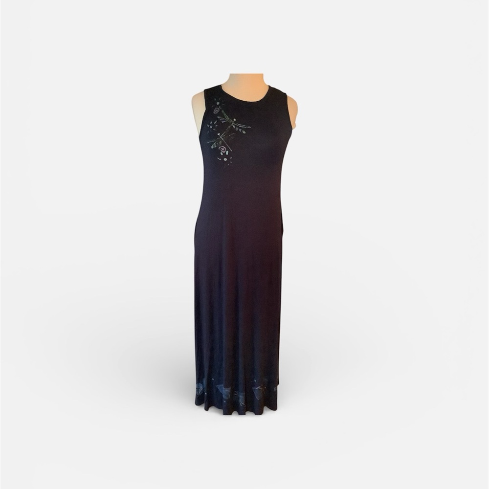 Chic deep blue sleeveless Maxi Dress with Subtle Floral Accents